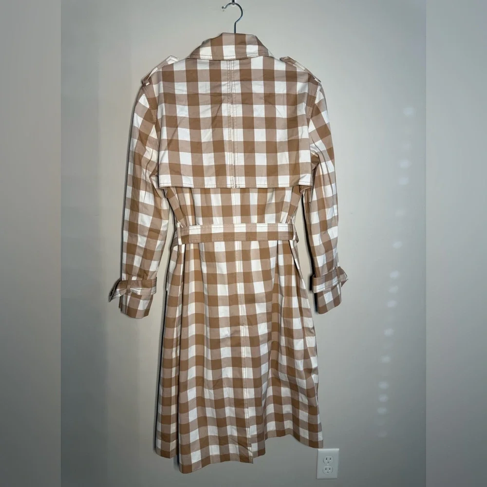 Ann Taylor Trench Coat Womens Medium Tan White Checked Double-Breasted Classic - Picture 4 of 5
